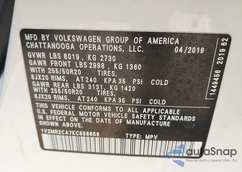 2019 Volkswagen Atlas 3.6L V6 Sel z USA, uszkodzony, nr VIN 1V2MR2CA7KC558659